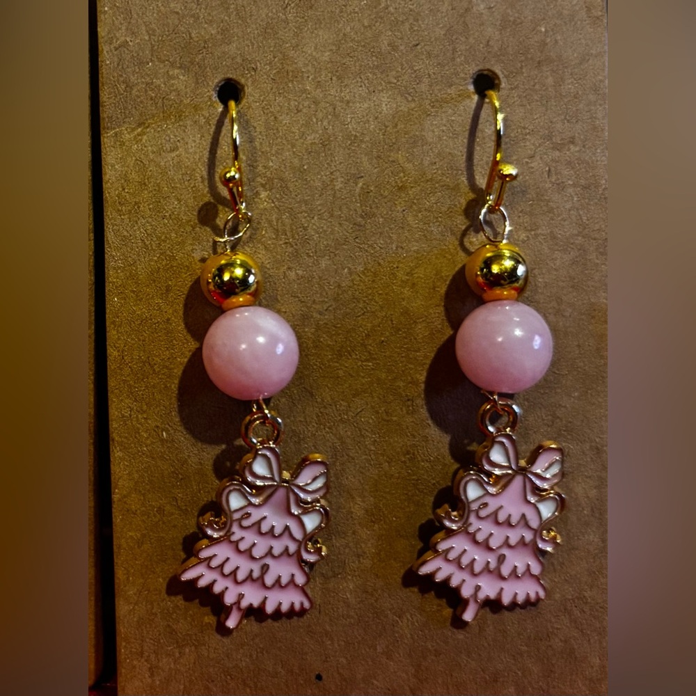 Pink and Gold Christmas Tree Earrings